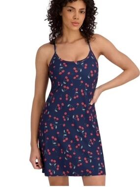 NWT Outdoor Voices Women's Navy Blue With Cherry Print Exercise Dress size Small
